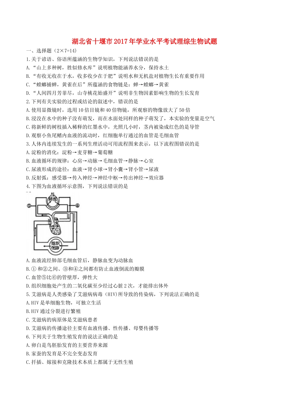 学中考理综(生物部分)真题试卷(含答案)试卷_第1页