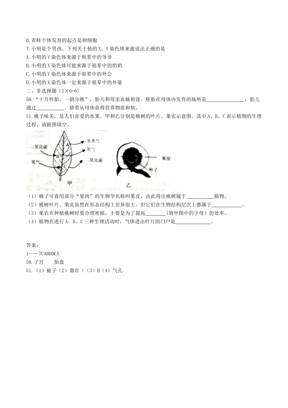 学中考理综(生物部分)真题试卷(含答案)试卷_第2页