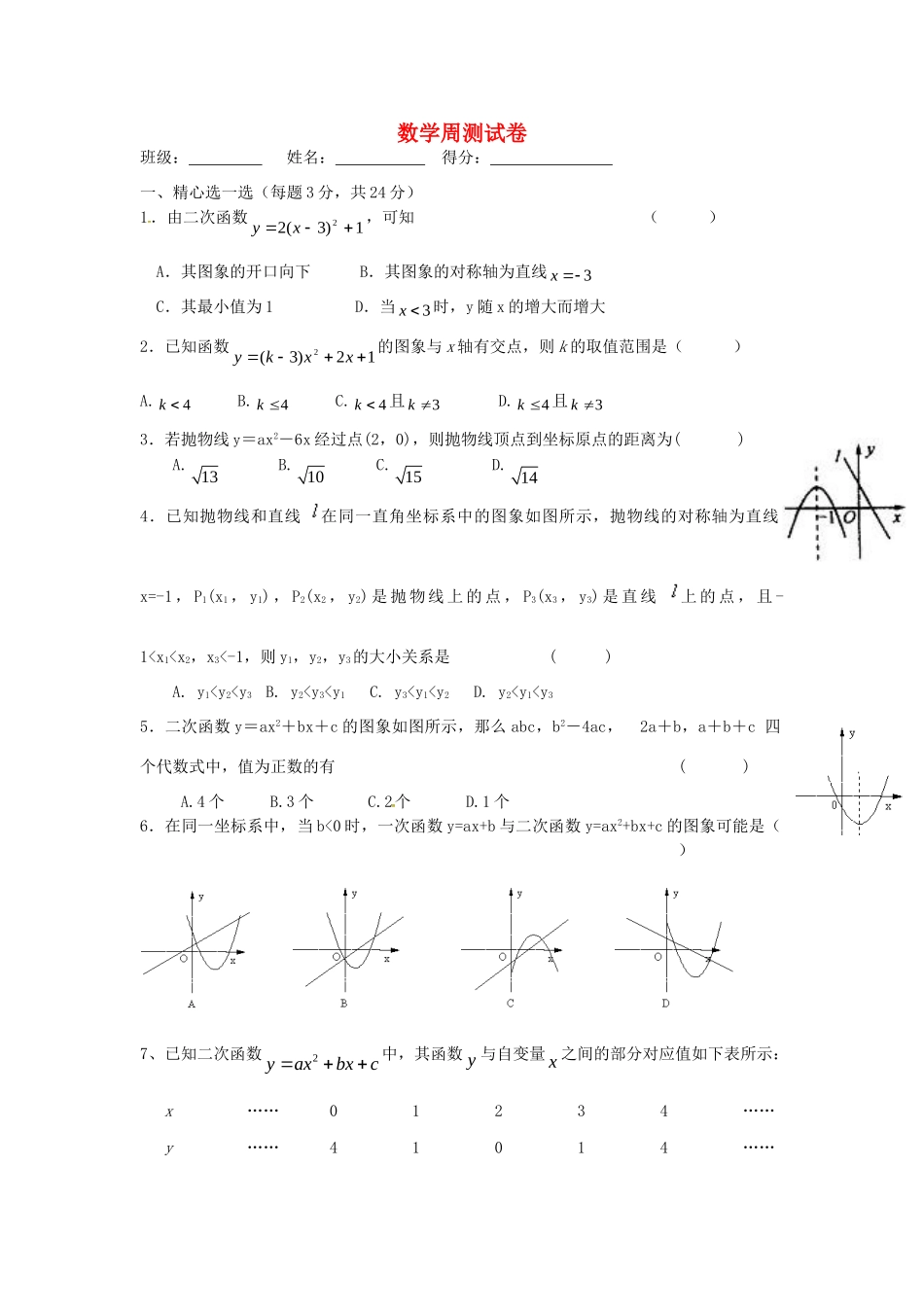 九年级数学下学期周测11 苏科版试卷_第1页
