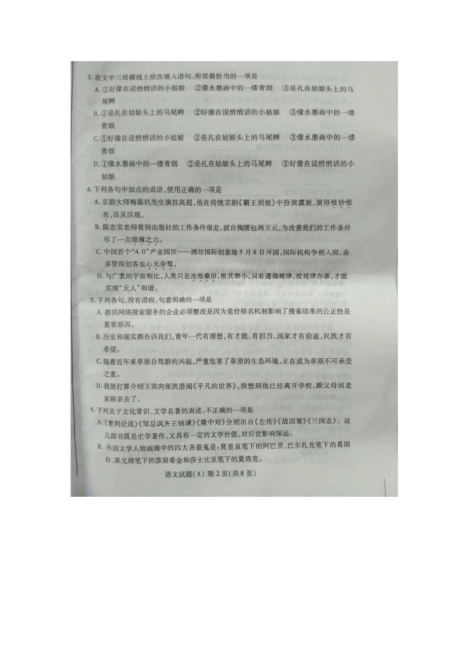 山东省潍坊市中考语文试卷试卷_第2页