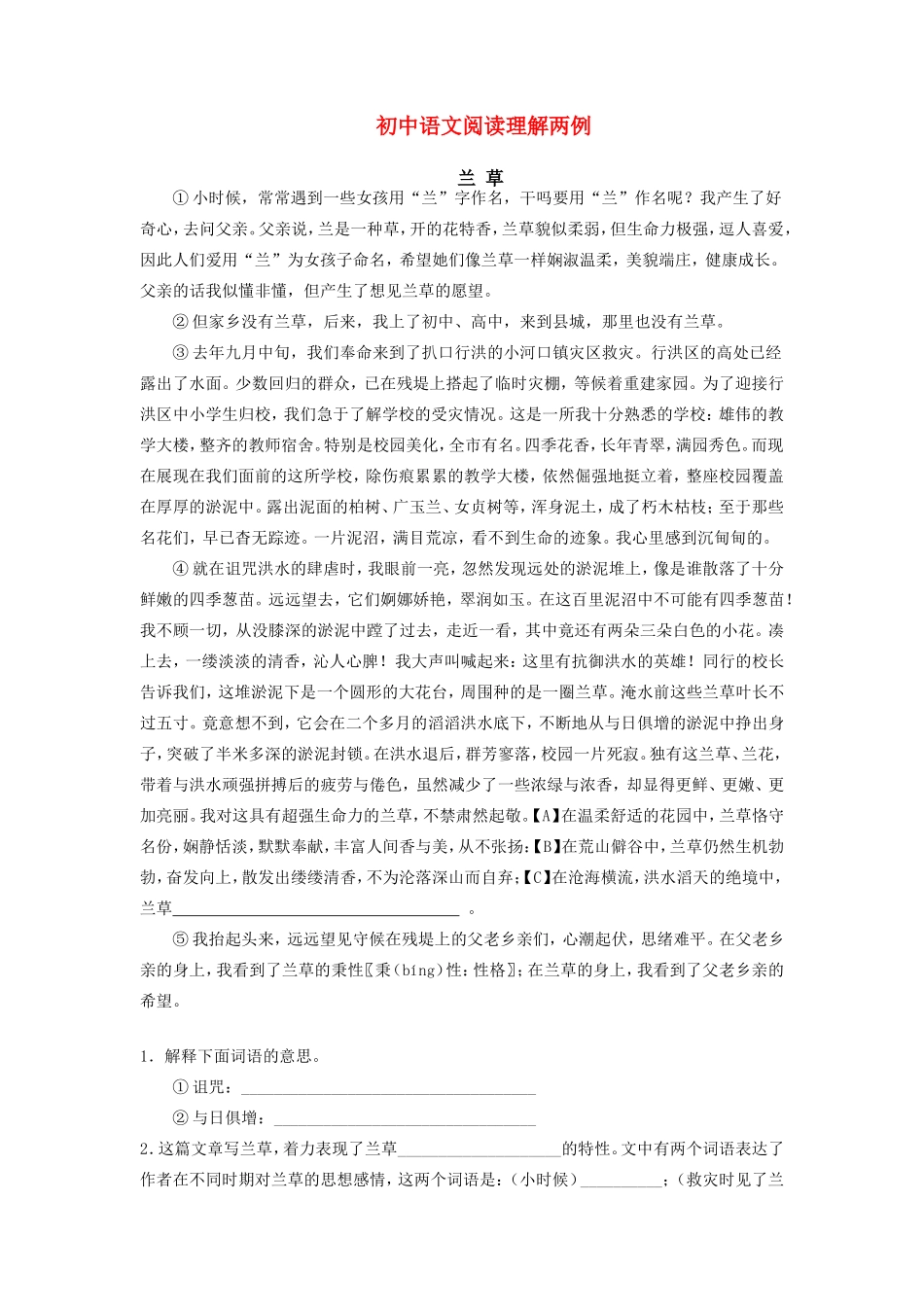 初中语文阅读理解两例专题辅导 试题_第1页