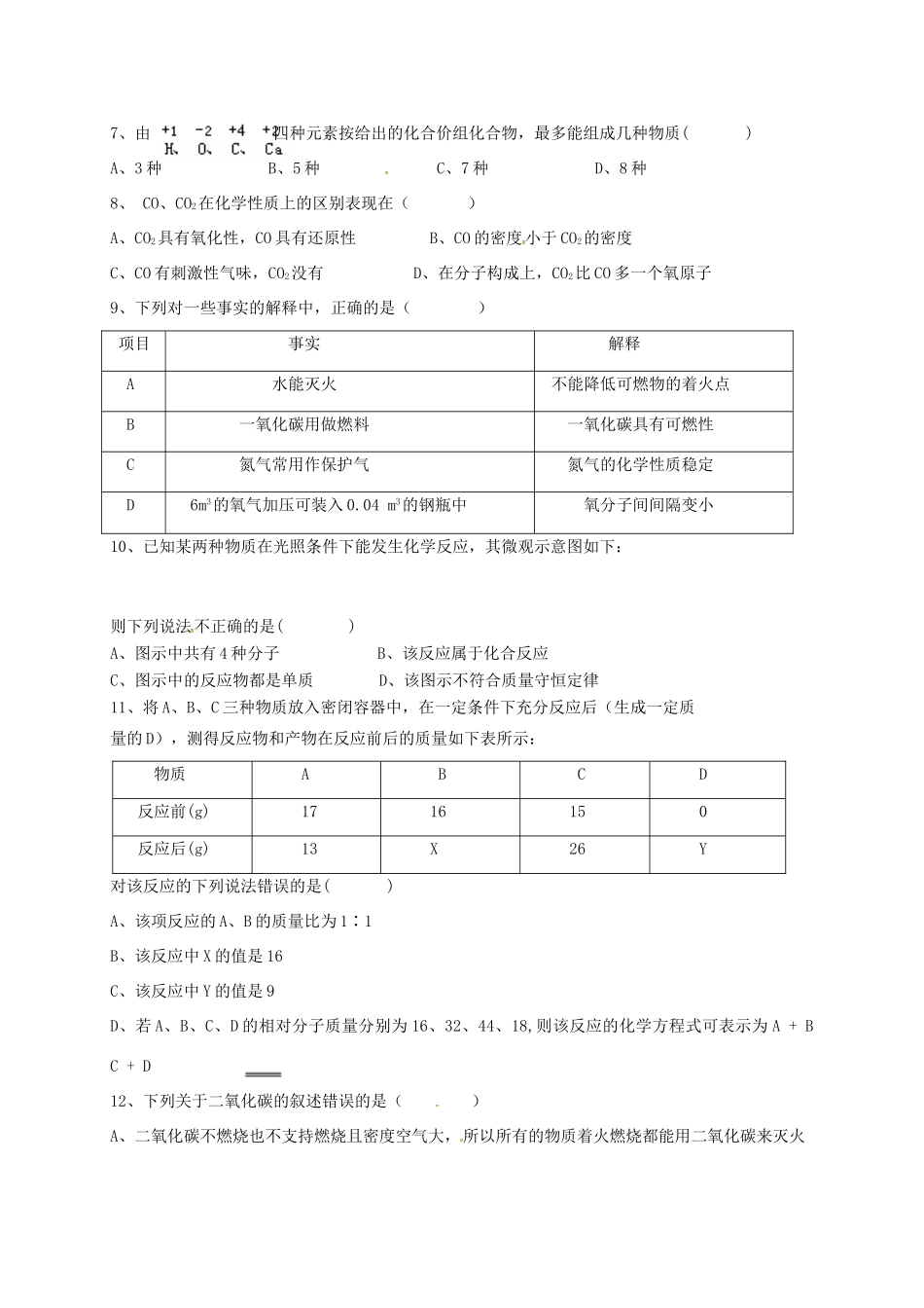 九年级化学上学期期末质量检测试卷(无答案) 新人教版试卷_第2页