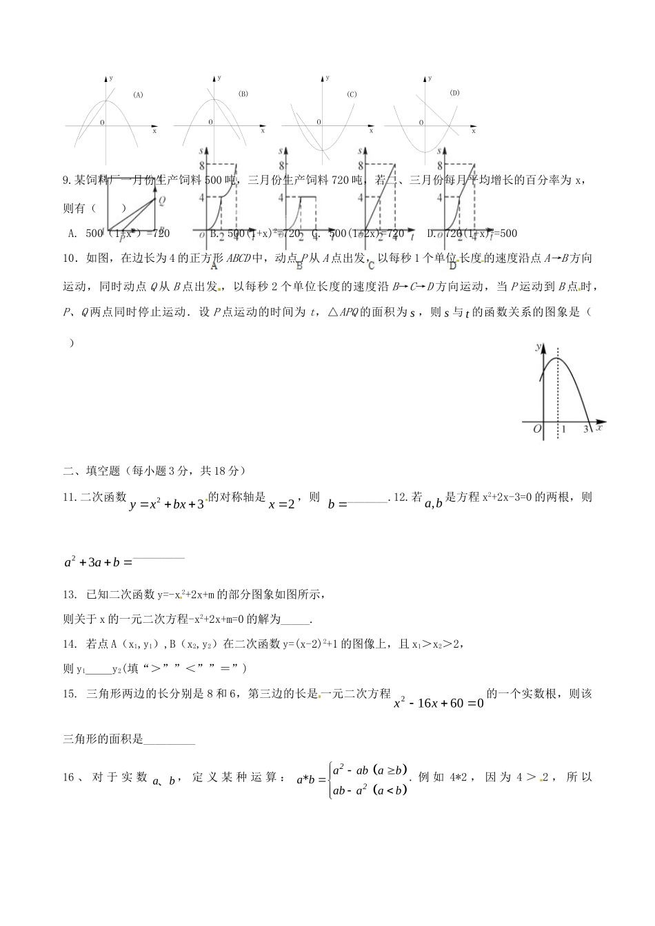 九年级数学上学期第一次阶段测试试卷(无答案) 新人教版试卷_第2页
