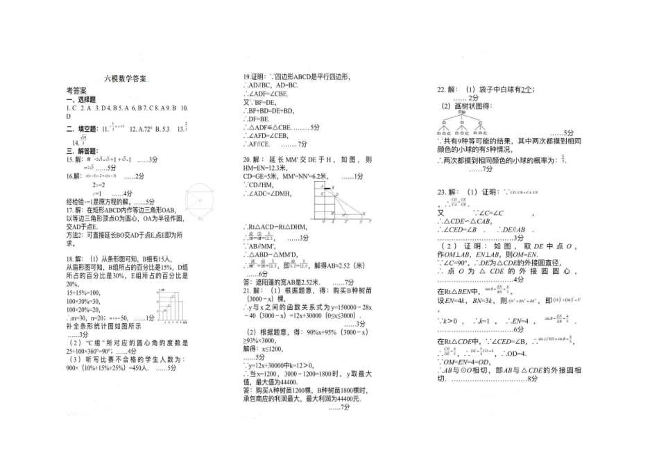 九年级数学第六次适应性训练试卷答案(pdf) 061618_第1页