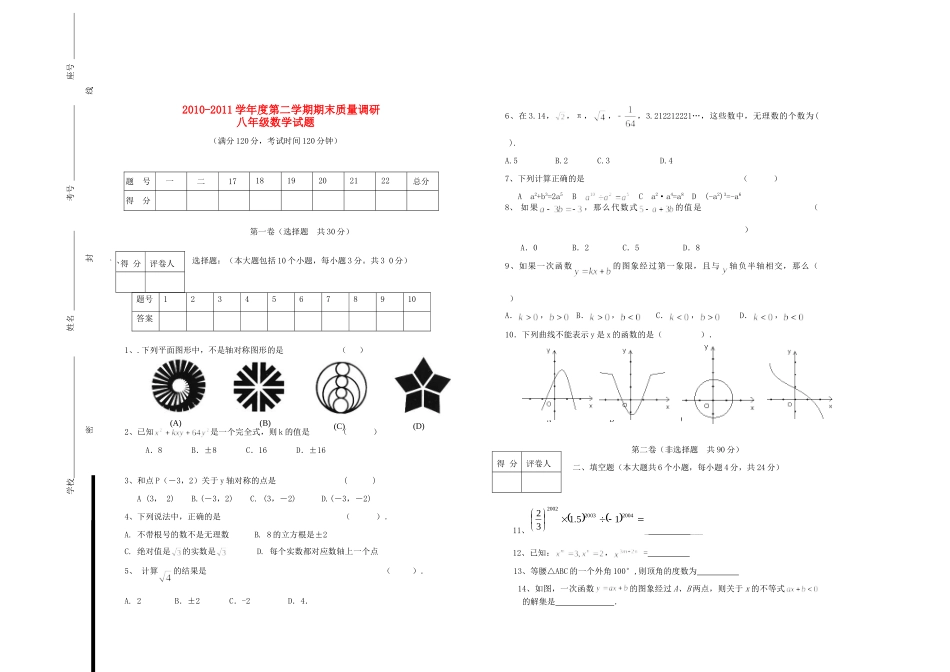山东省胜利油田1月八年级数学第二学期期末质量调研 人教新课标版试卷_第1页