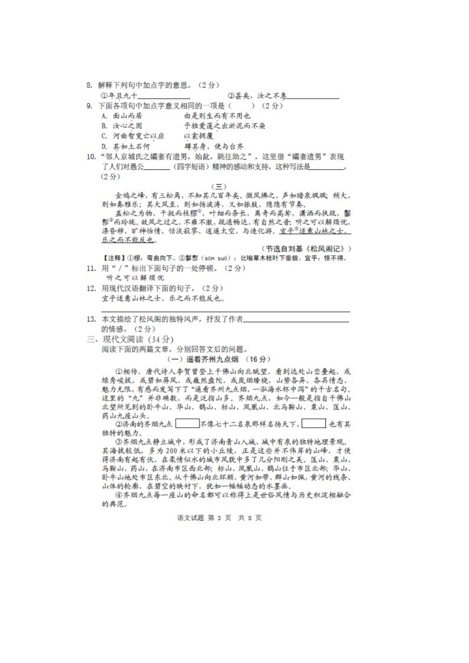 山东省济南市槐荫区中考语文二模试卷试卷_第3页