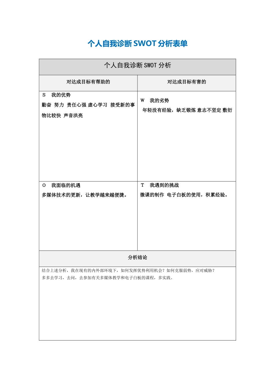 第一步骤所需文档：个人自我诊断SWOT分析表_第1页
