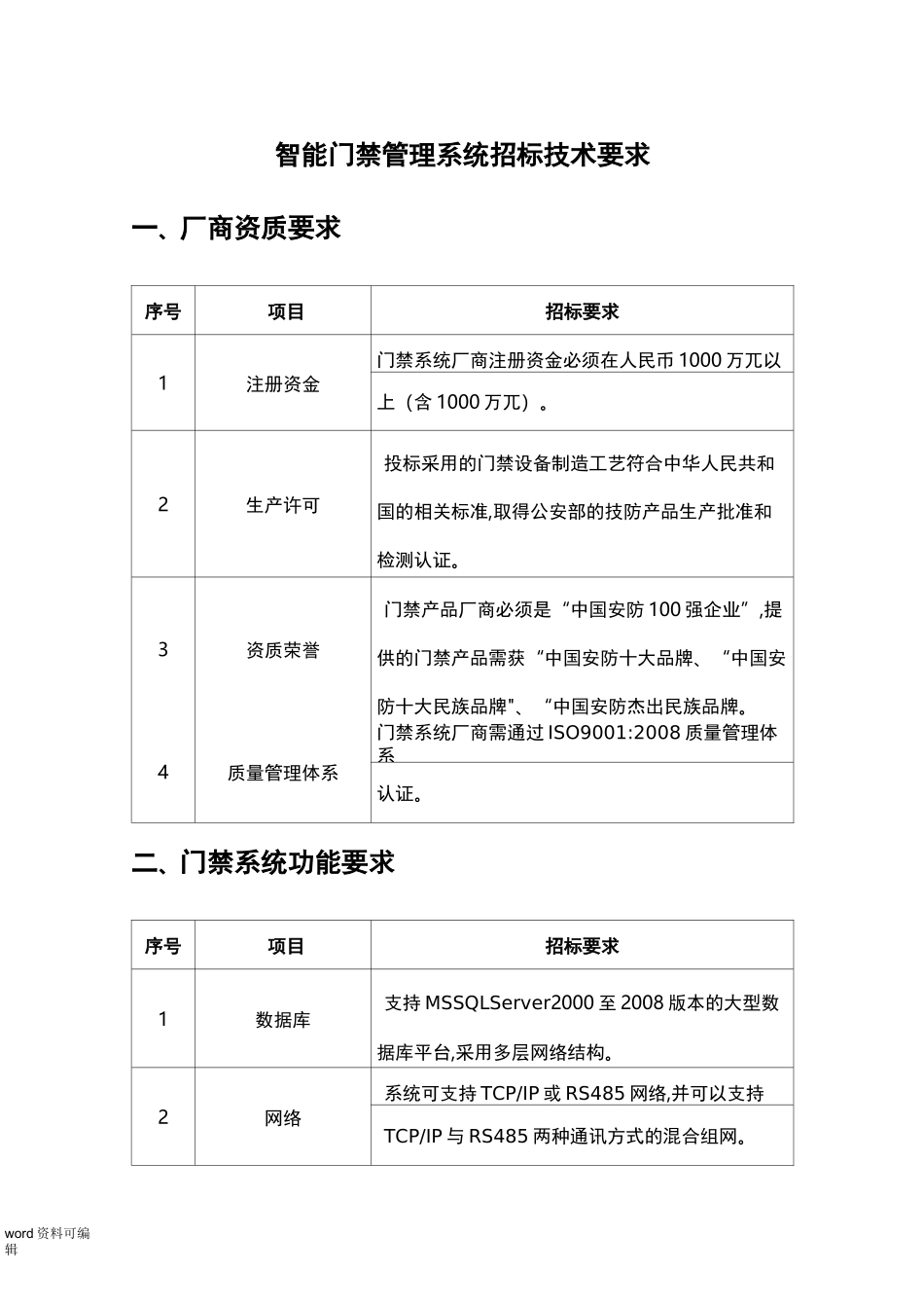 智能门禁系统招标技术要求内容_第1页