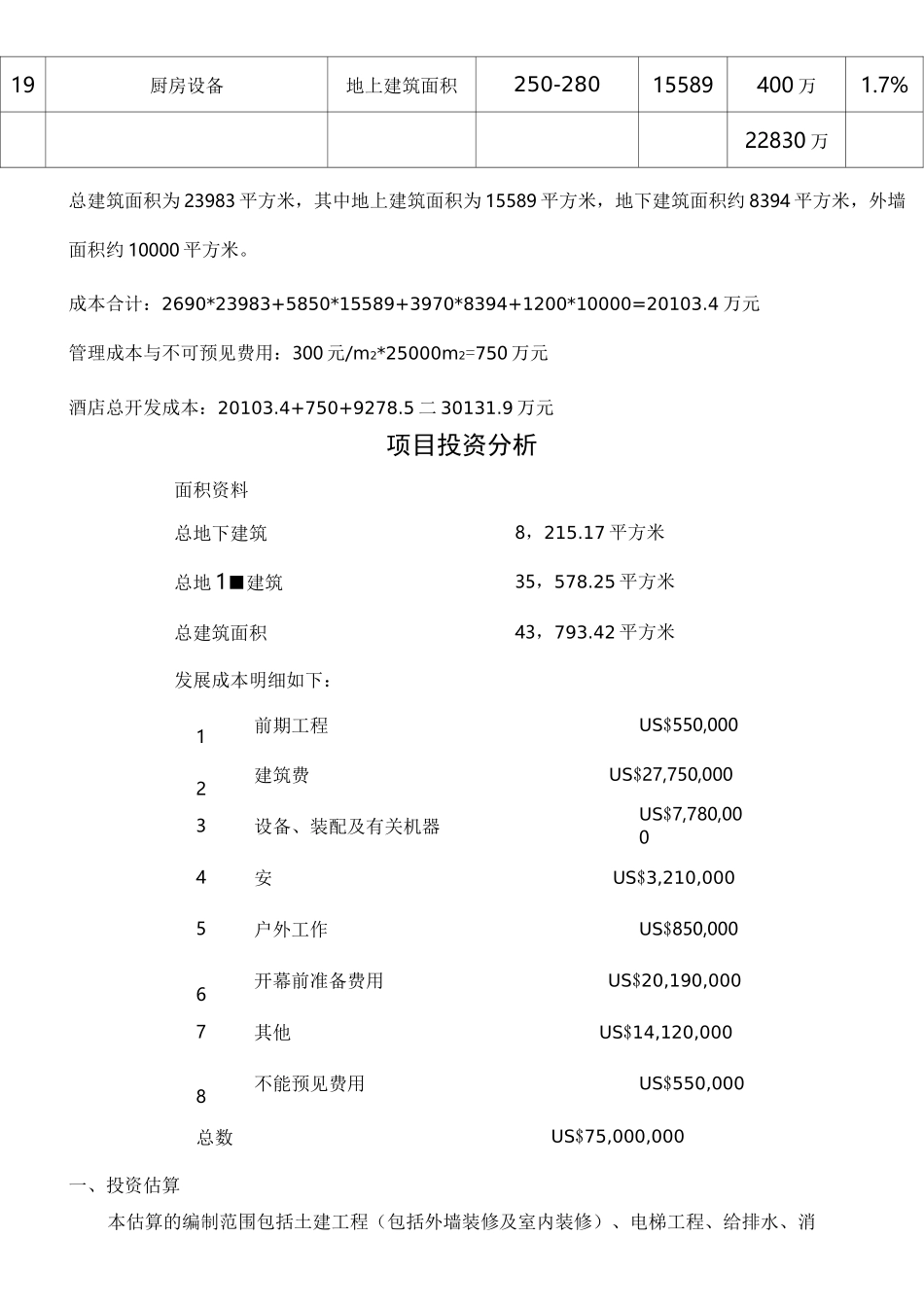 星级酒店总投资估算表及其投资占比_第3页
