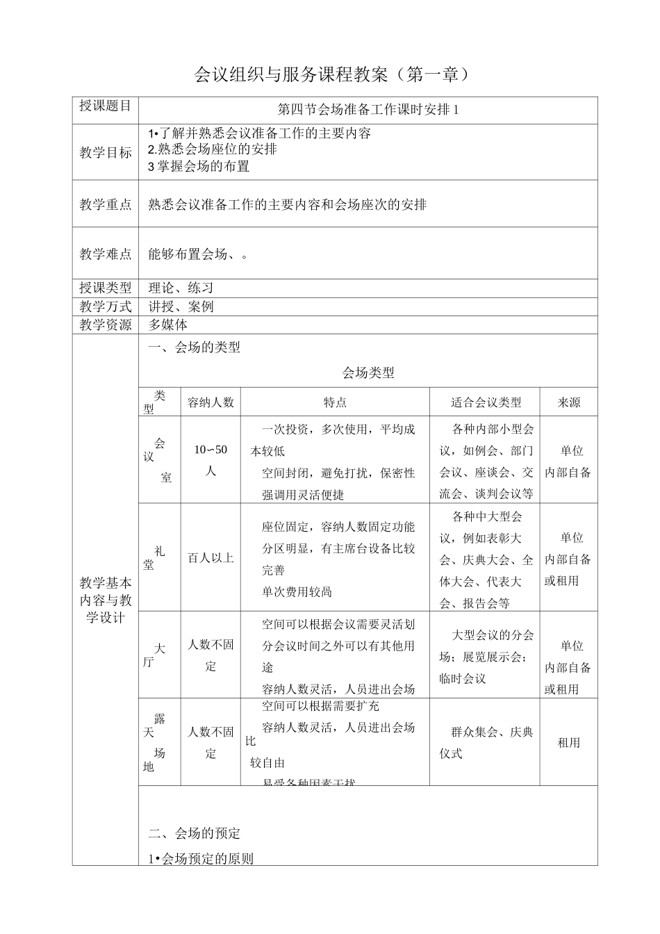 《会议组织与服务》教案 第一章  会前组织工作 第四节 会场准备工作_第1页