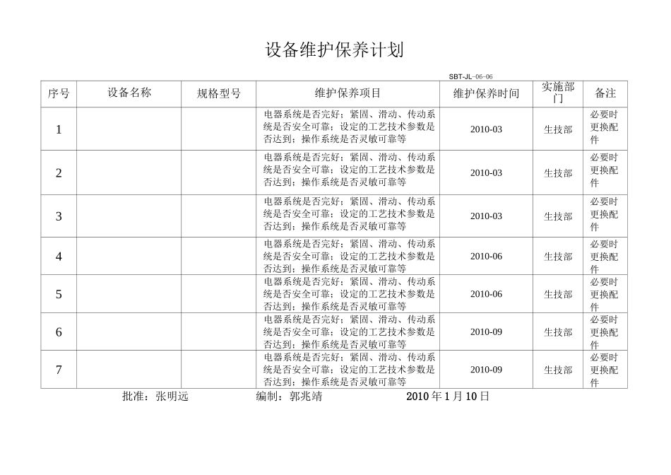 (设备管理)设备维护保养计划和记录_第1页