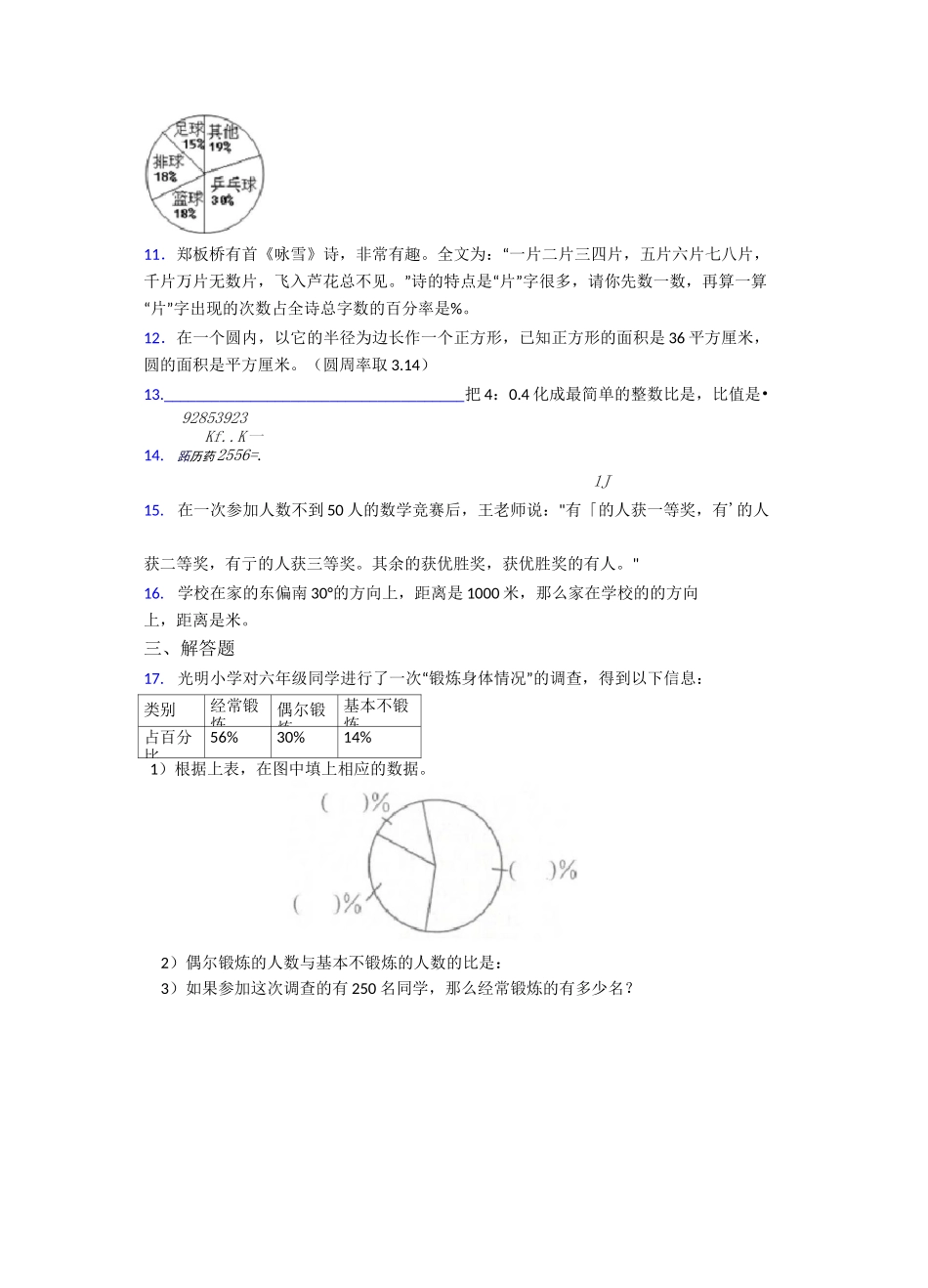 2020-2021成都嘉祥外国语学校郫县分校小学六年级数学上期末模拟试题及答案_第2页