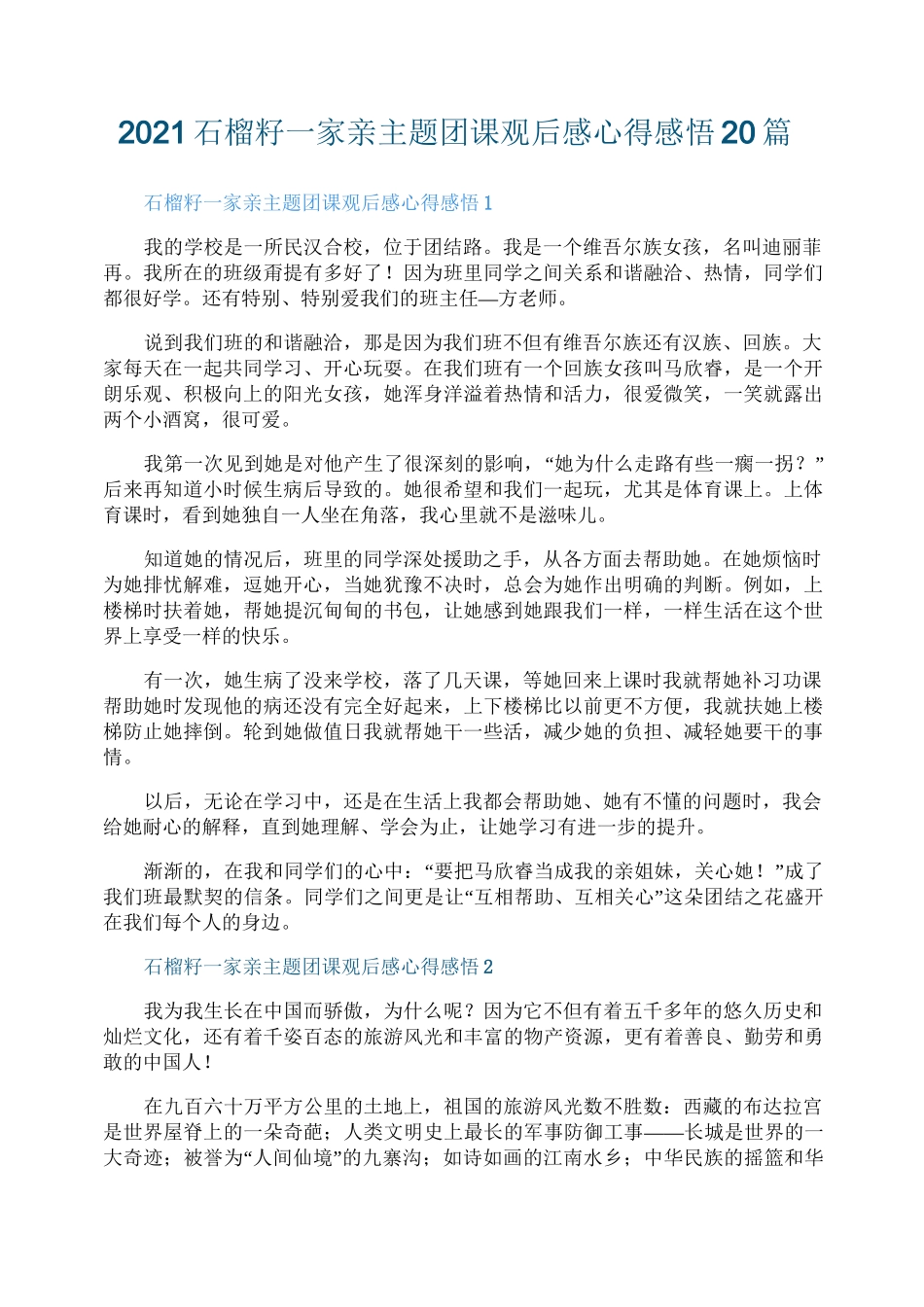 2021石榴籽一家亲主题团课观后感心得感悟20篇_第1页