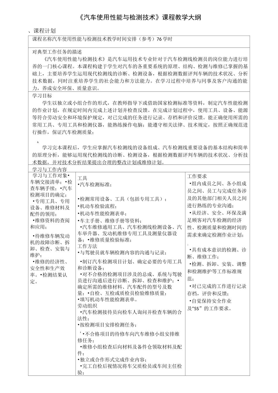 《汽车使用性能与检测技术》课程教学大纲_第1页