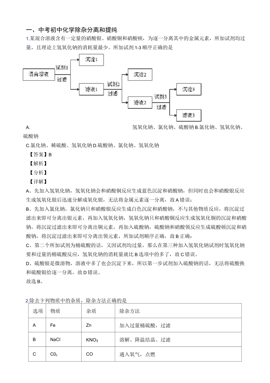 中考化学分离和提纯除杂-经典压轴题含答案_第1页