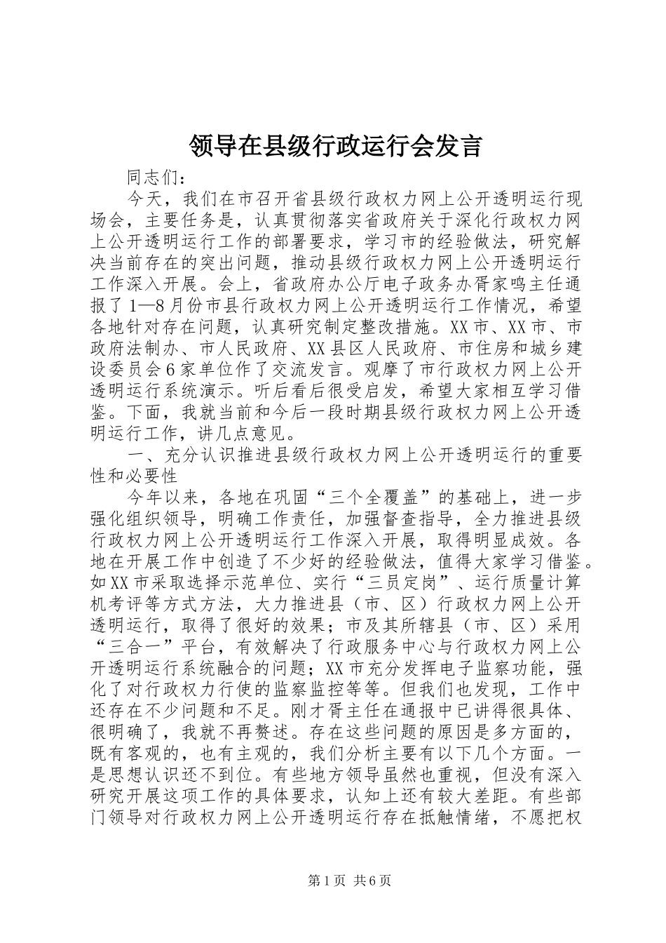 领导在县级行政运行会发言_第1页