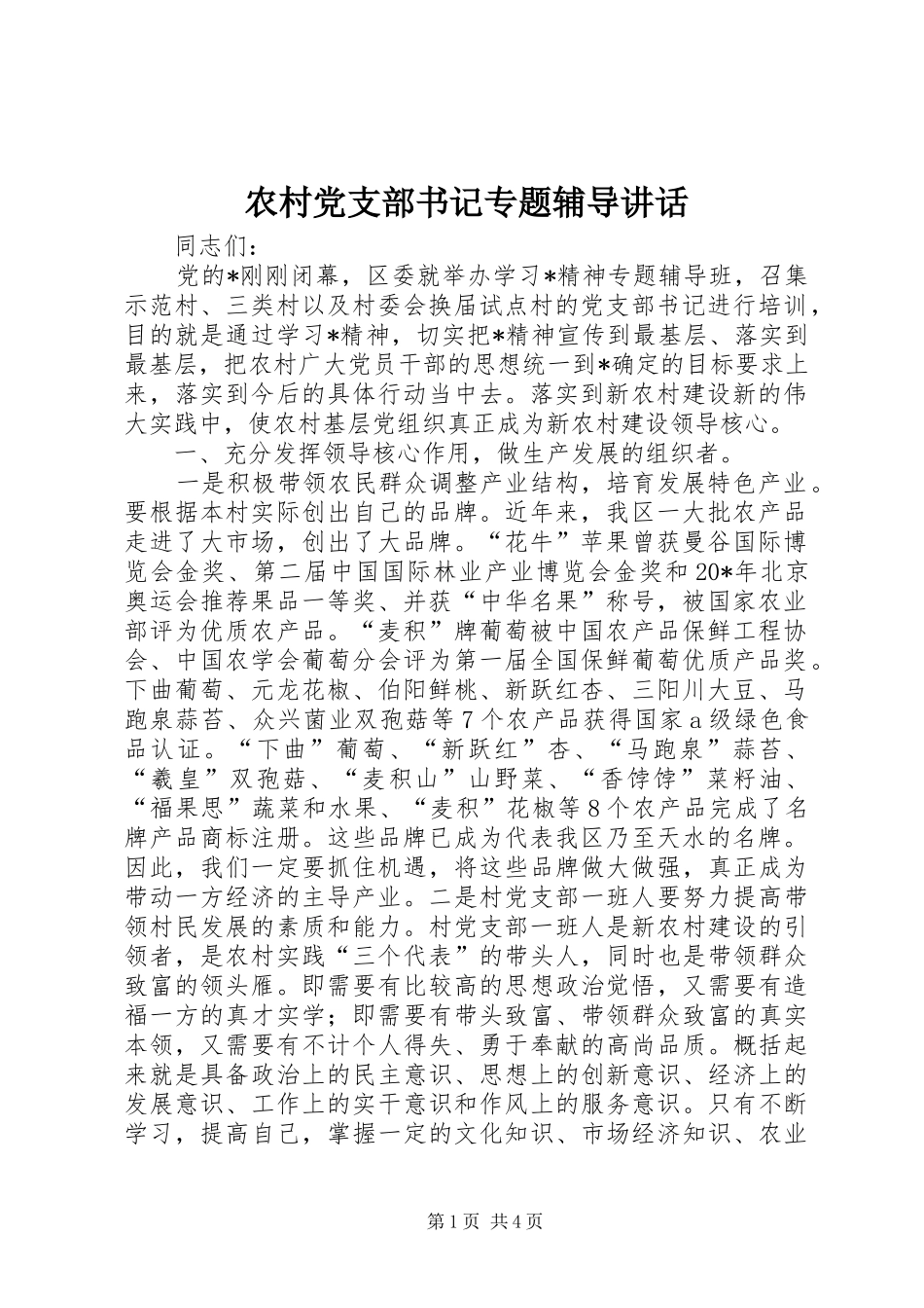农村党支部书记专题辅导讲话_第1页