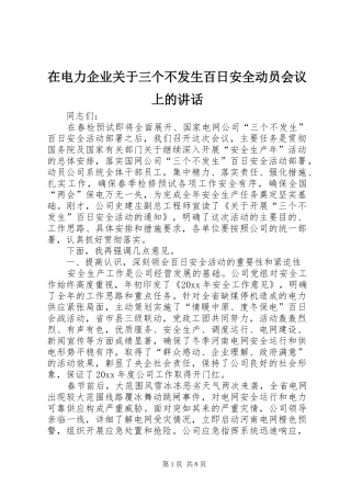 在电力企业关于三个不发生百日安全动员会议上的讲话