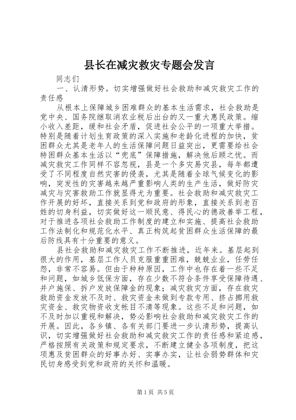 县长在减灾救灾专题会发言_第1页