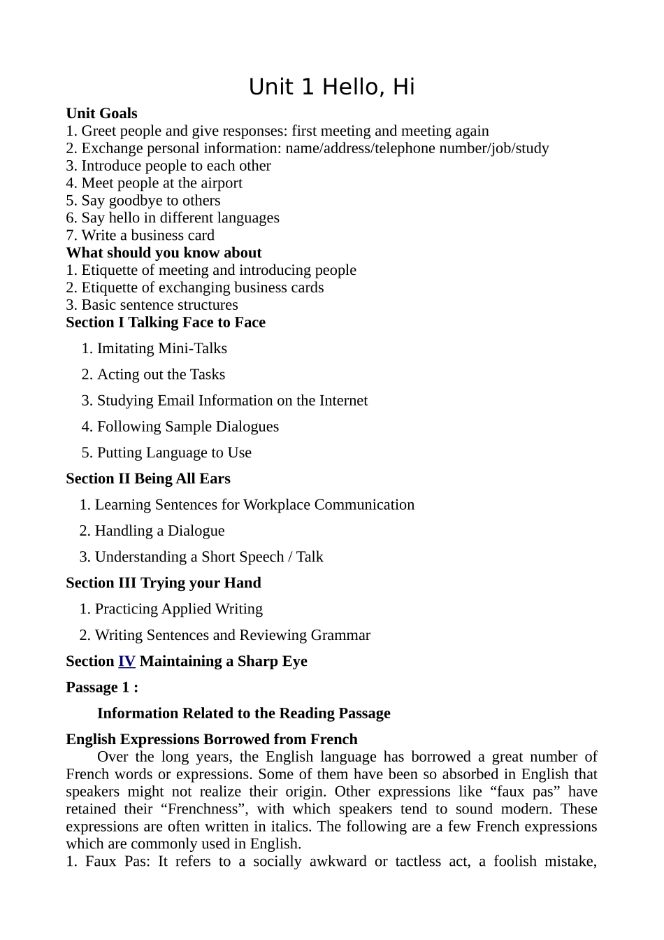 新编实用英语综合教程1(第四版)Unit 1 Hello,Hi教案_第1页