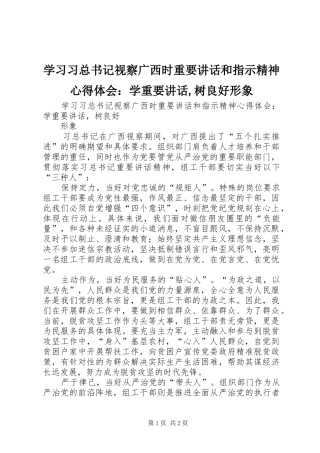 学习习总书记视察广西时重要讲话和指示精神心得体会：学重要讲话,树良好形象