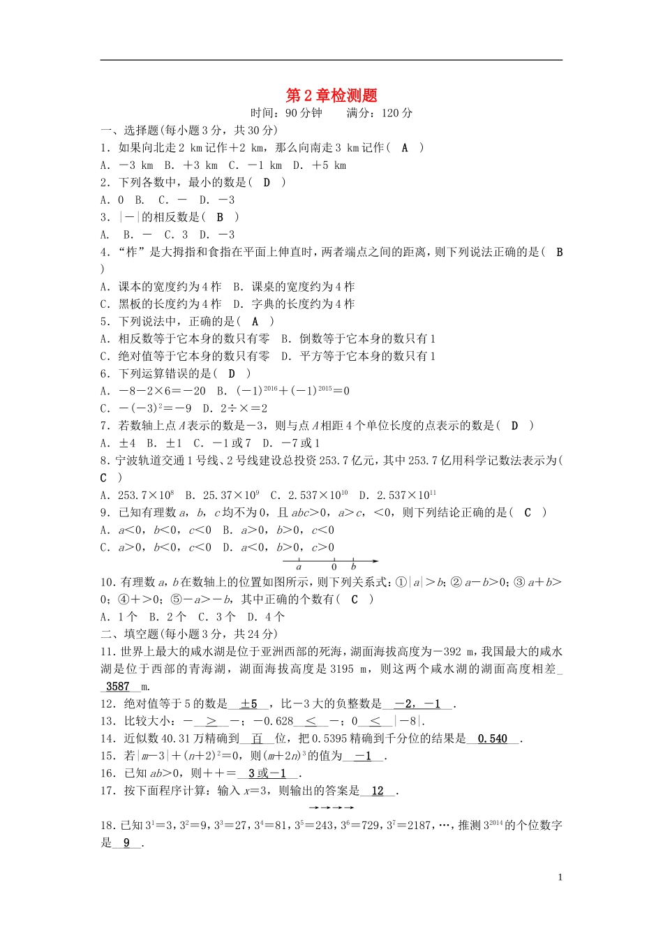 七年级数学上册 2 有理数检测题 (新版)华东师大版_第1页