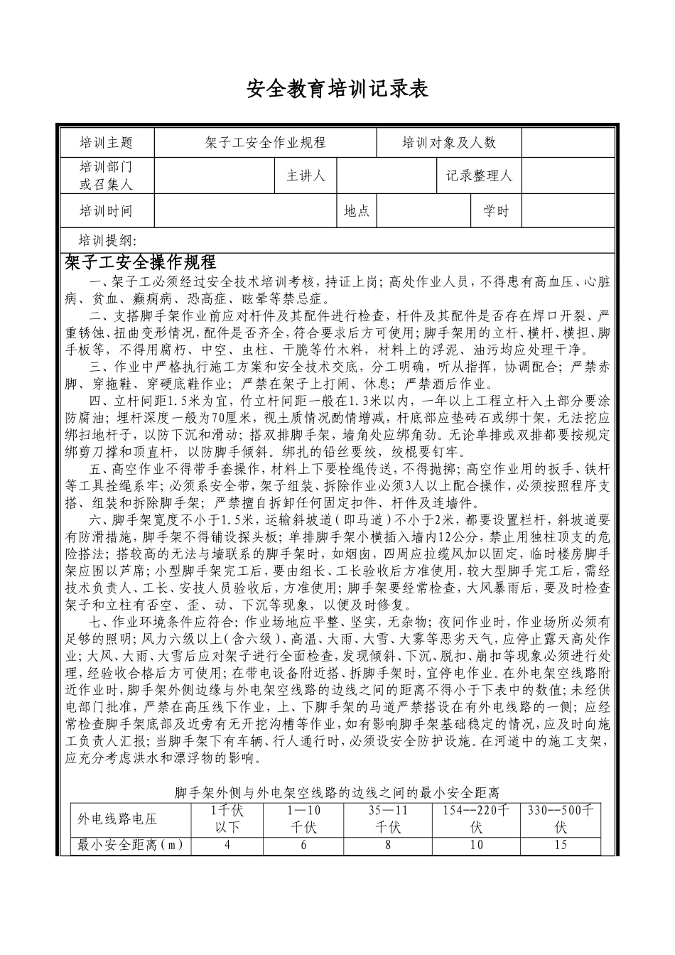 架子工安全教育培训记录表_第1页