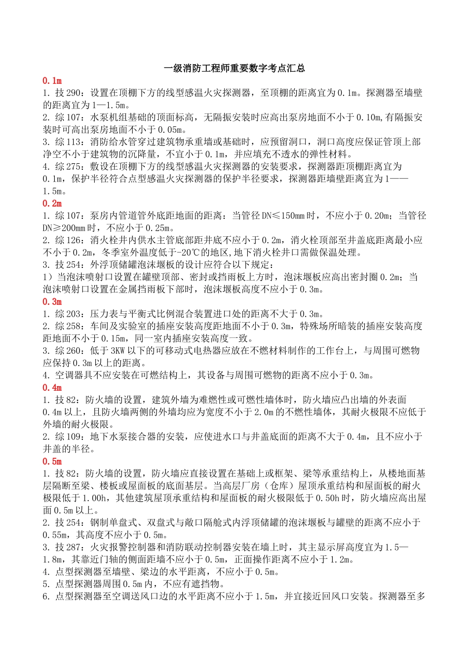 一级消防工程师重要数字考点总结_第1页