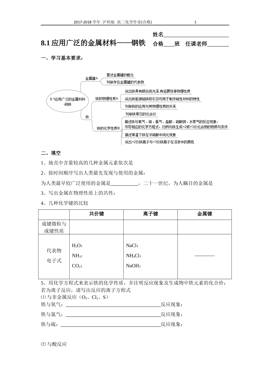 沪科版高二化学8.1应用广泛的金属材料作业(合格考)_第1页