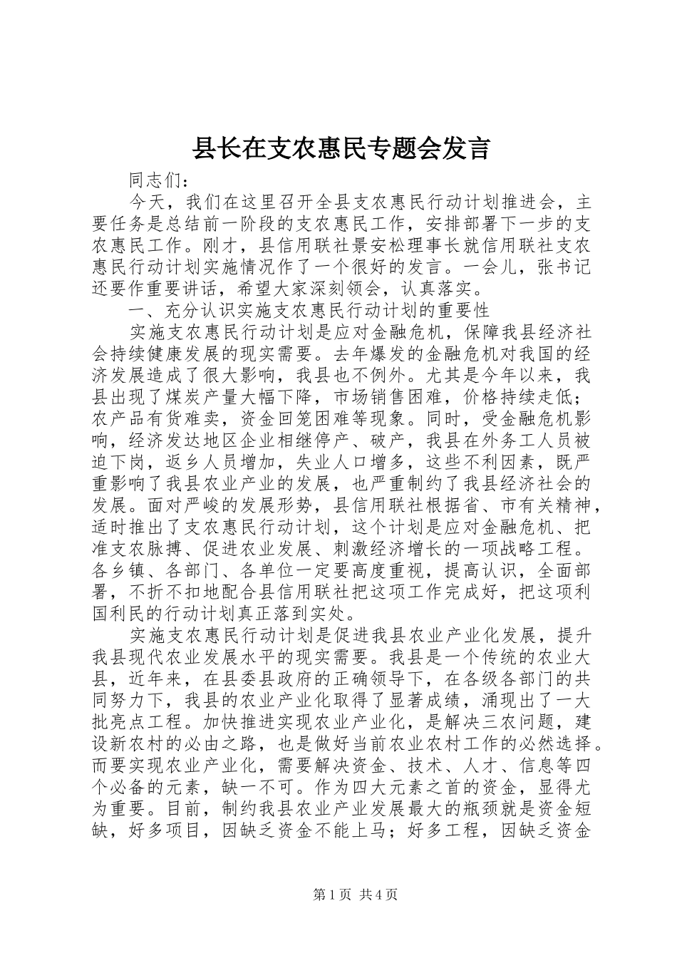 县长在支农惠民专题会发言_第1页
