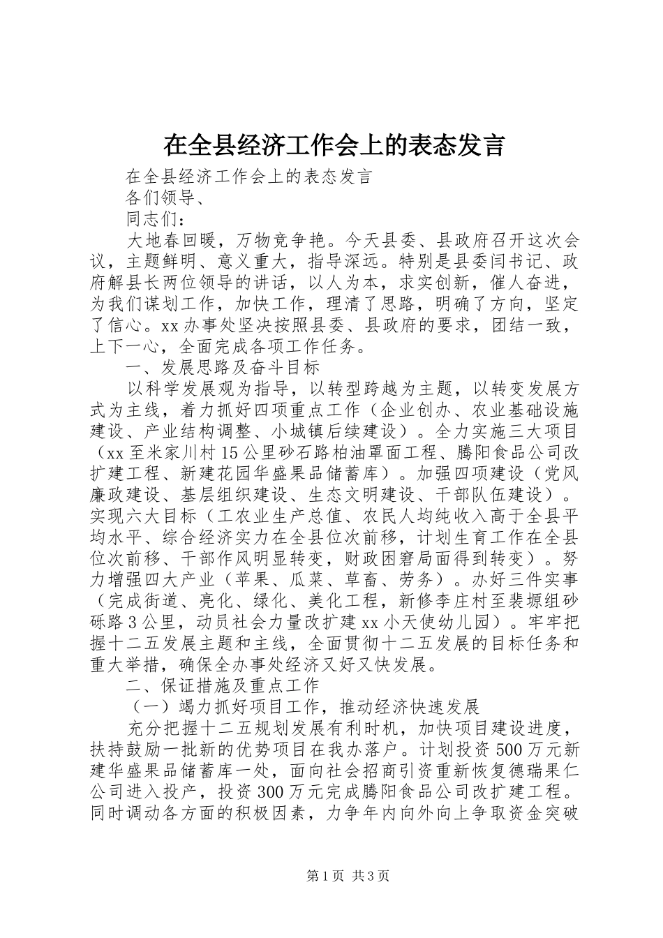 在全县经济工作会上的表态发言_第1页