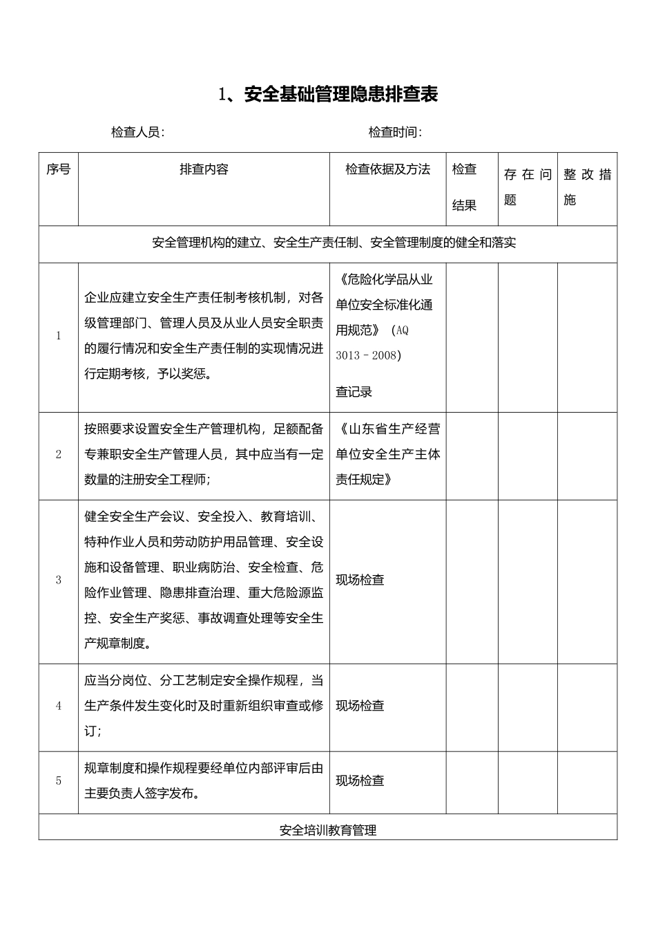 安全基础管理隐患排查表_第1页