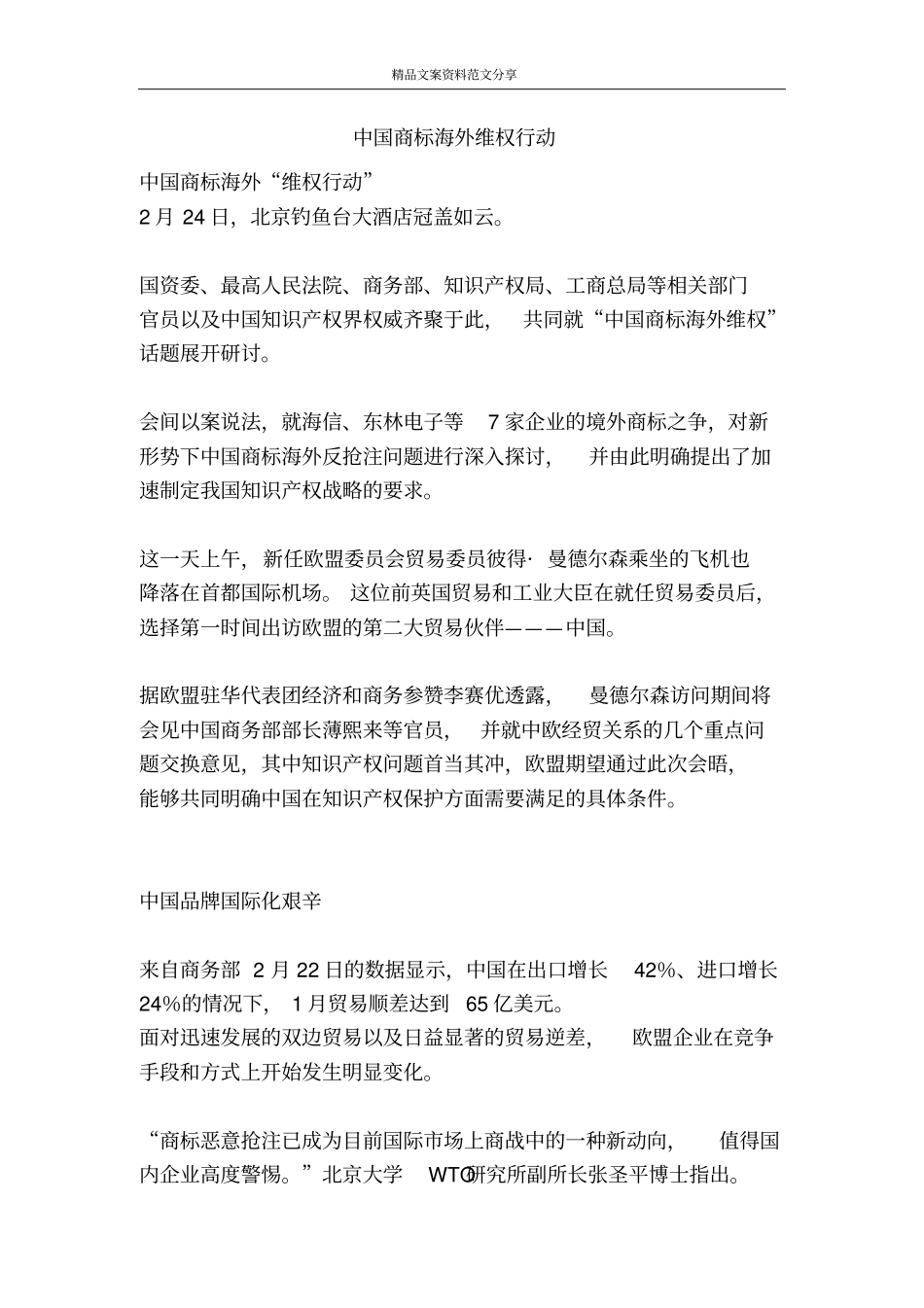 中国商标海外维权行动-精品文案范文_第1页