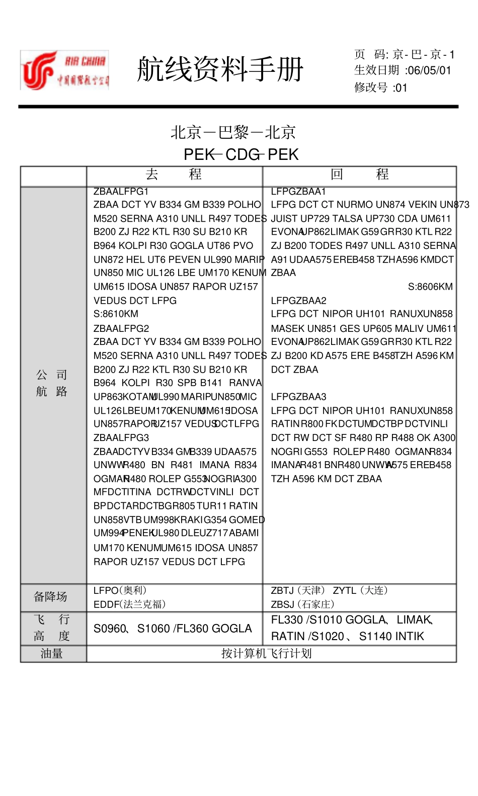 中国国际航空公司航线资料手册：PEKCDGPEK_第1页
