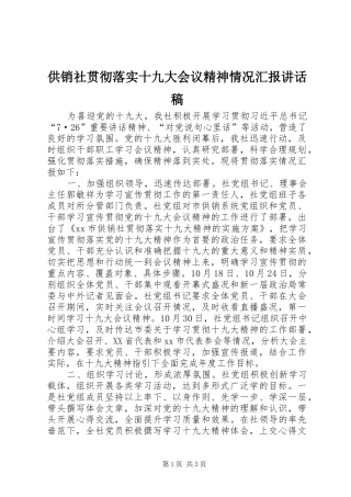 供销社贯彻落实十九大会议精神情况汇报讲话稿