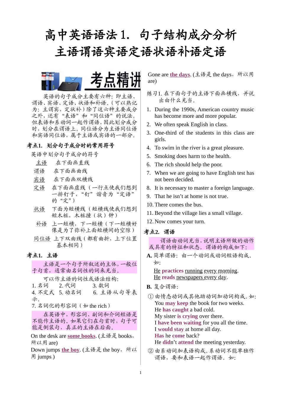 专题二 高中英语语法句子结构成分分析主语谓语宾语定语状语补语_第1页