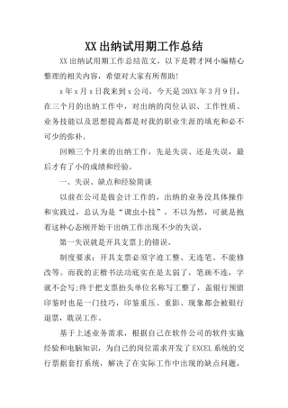 XX出纳试用期工作总结