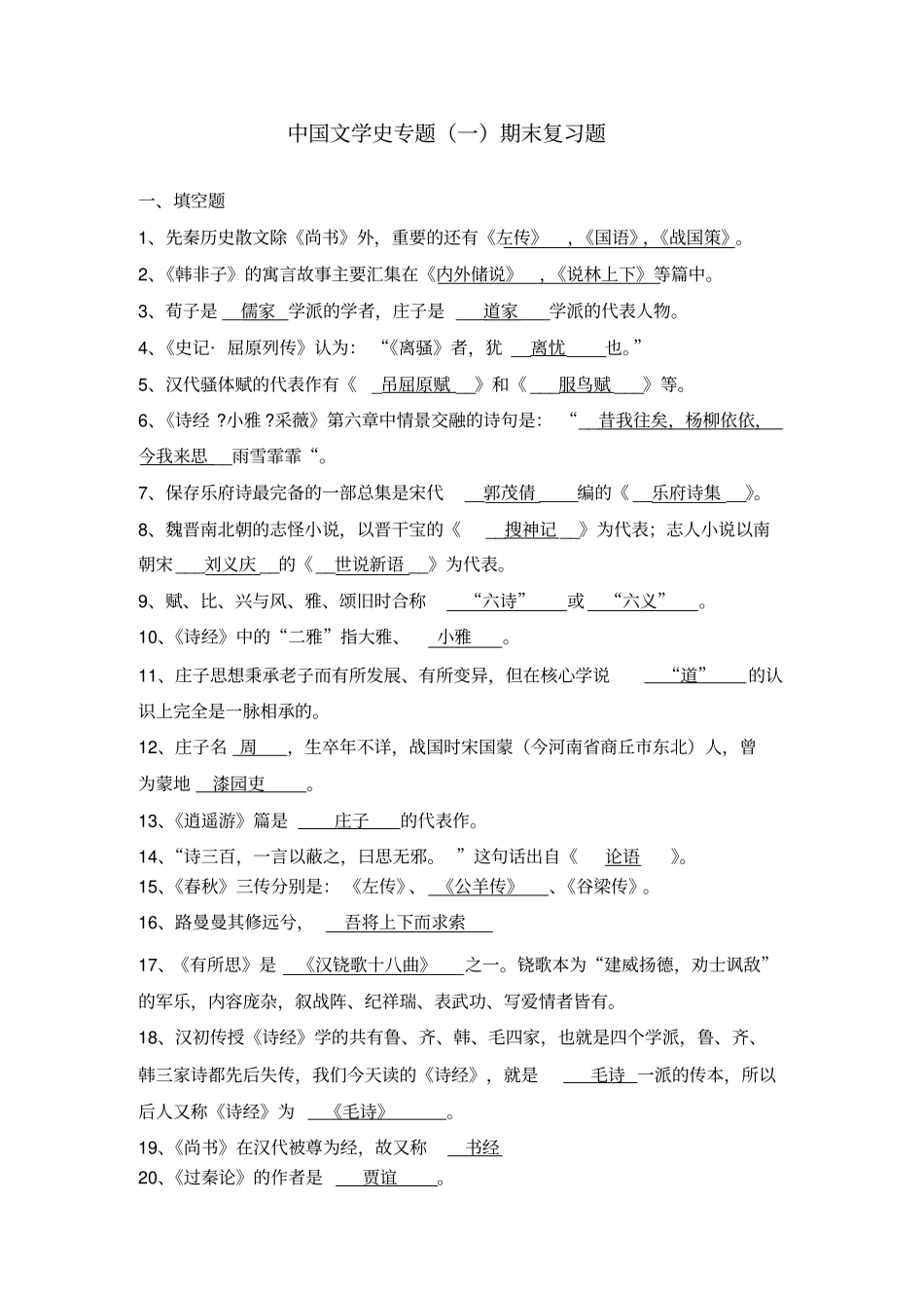 中国文学史专题一期末复习题_第1页