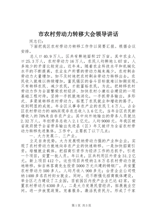 市农村劳动力转移大会领导讲话