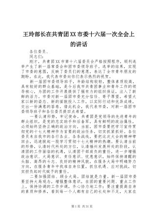王玲部长在共青团XX市委十六届一次全会上的讲话