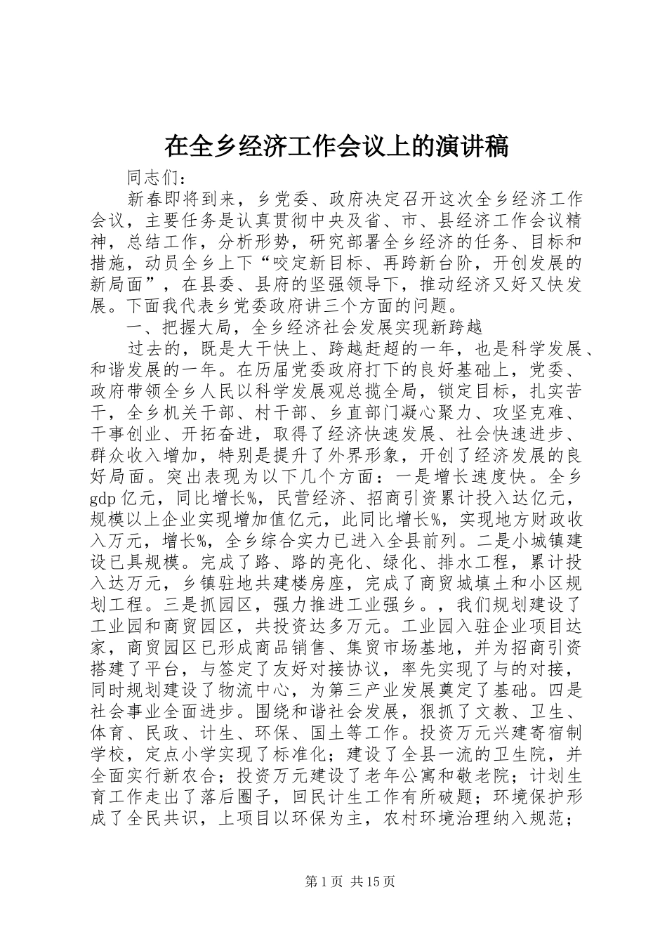 在全乡经济工作会议上的演讲稿_第1页