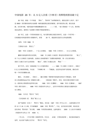 中国电影20年：从5亿人次看少林寺的辉煌到票房破十亿