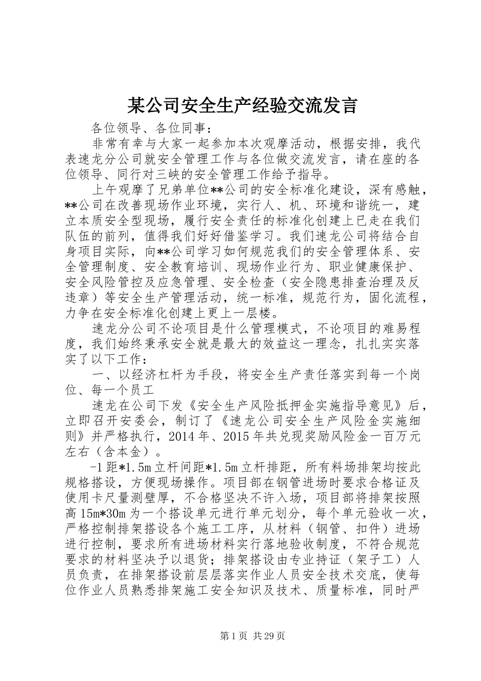 某公司安全生产经验交流发言_第1页