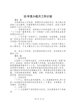 XX年党小组月工作计划