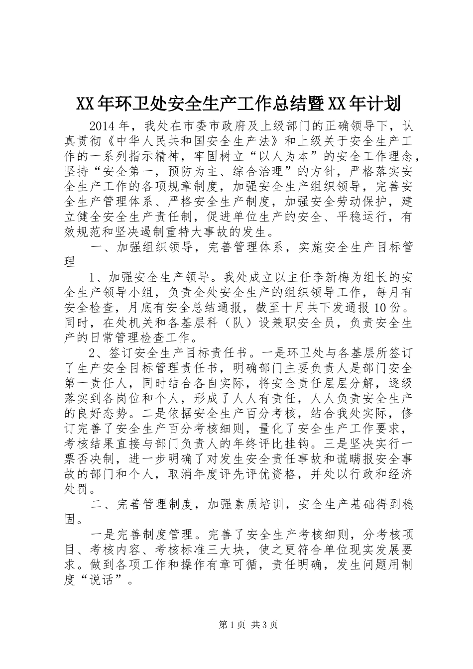 XX年环卫处安全生产工作总结暨XX年计划_第1页