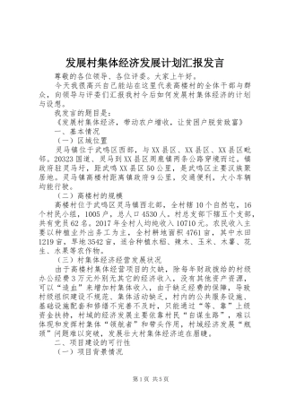 发展村集体经济发展计划汇报发言