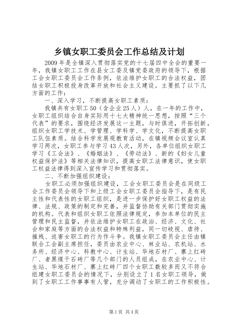 乡镇女职工委员会工作总结及计划_第1页
