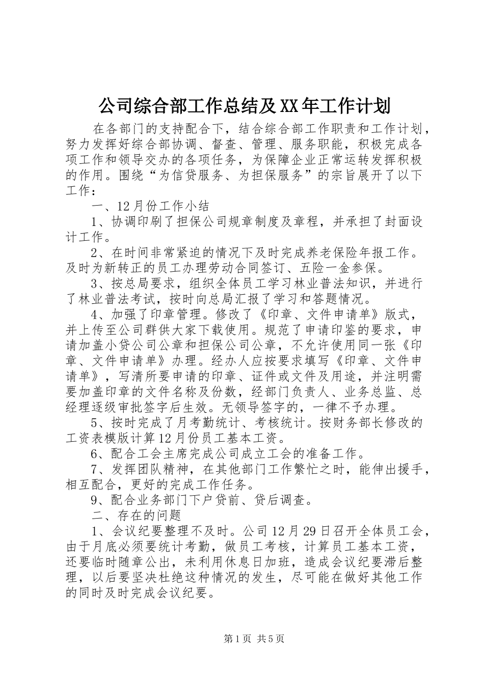 公司综合部工作总结及XX年工作计划_第1页