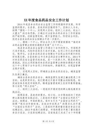 XX年度食品药品安全工作计划
