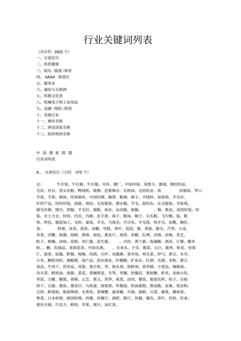 中国行业关键词列表大全_第1页